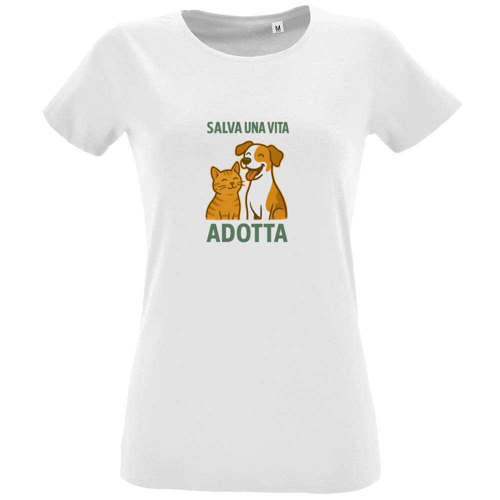 T-shirt donna 100% cotone colore bianco stile retrò - Adotta - Made in Italy