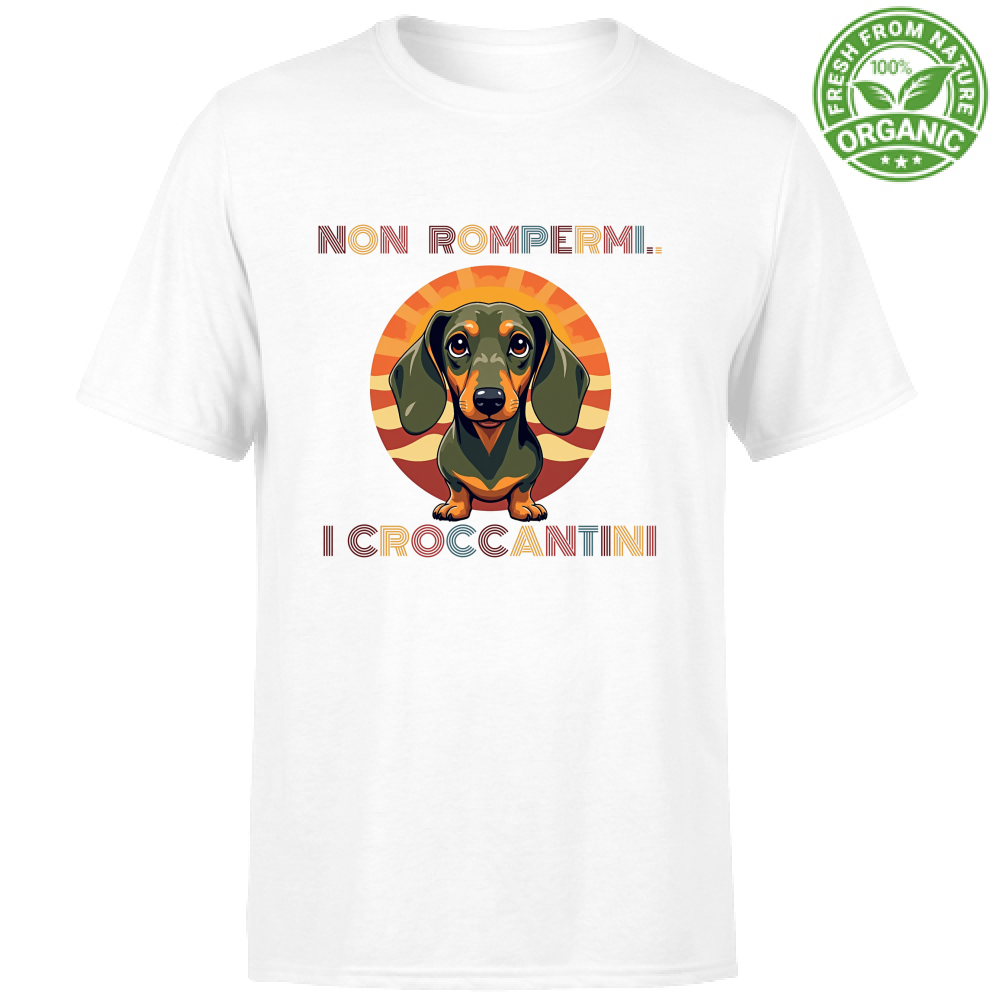 T-shirt Uomo di cotone 100 % biologico certificato di colore bianco con frase umoristica e bassotto - Made in Italy