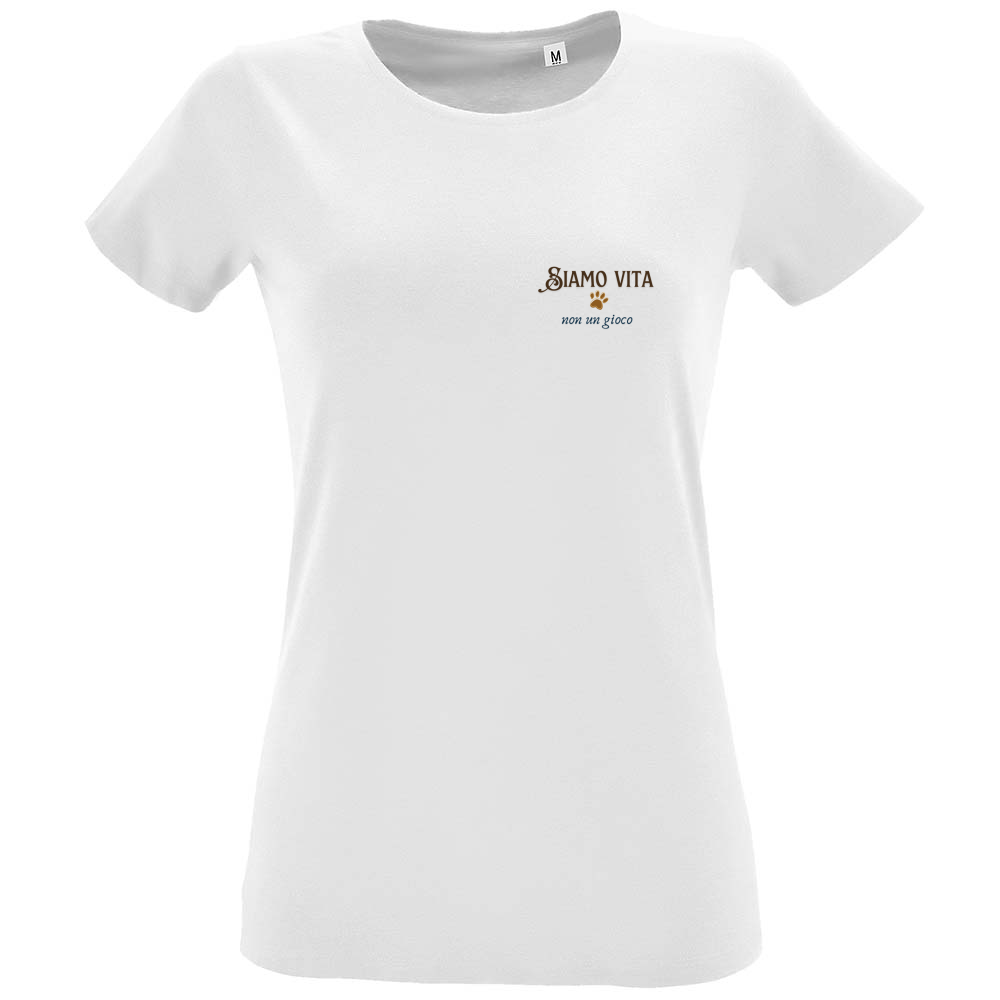 T-Shirt donna cotone 100% colore bianco - Moda etica contro l'abbandono degli animali  in stile vintage -   Made In Italy