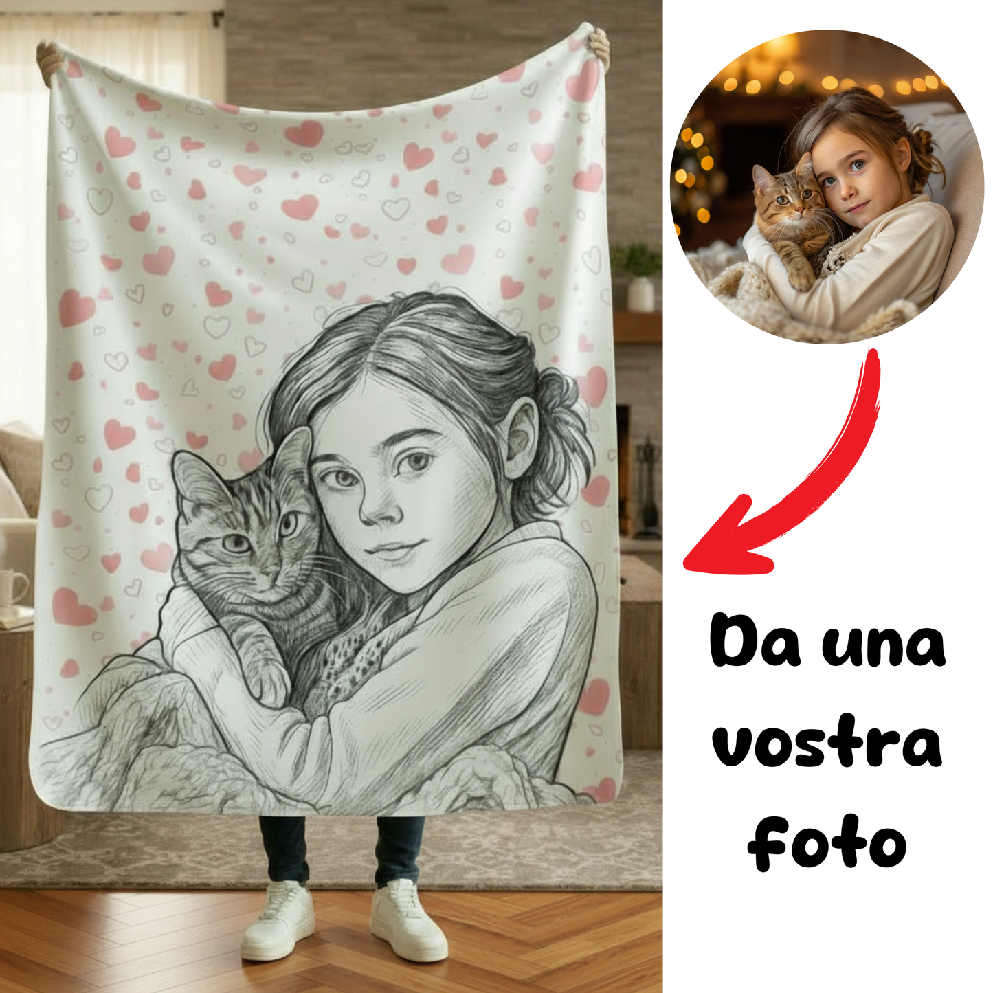 Coperta di Pile Personalizzata da Foto – Ritratto disegno a matita  su Plaid Morbido | Made in Italy