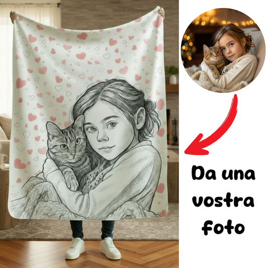 Coperta di Pile Personalizzata da Foto – Ritratto disegno a matita  su Plaid Morbido | Made in Italy