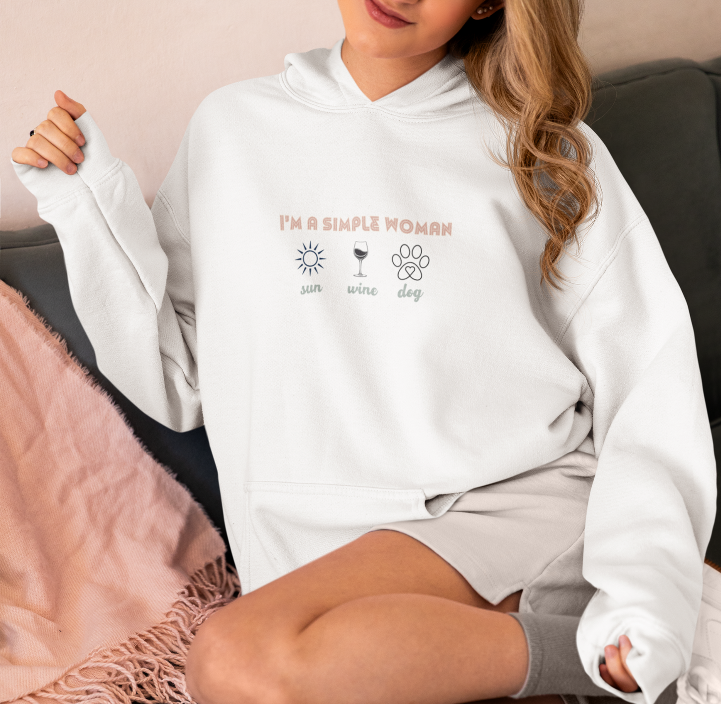 Felpa Donna con cappuccio di cotone colore bianco  per amanti dei cani e del vino - Made In Italy