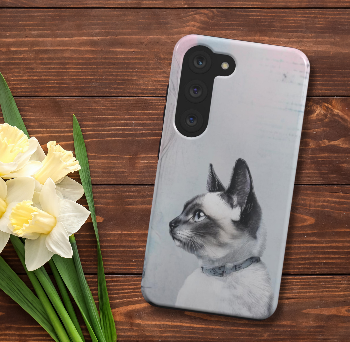 Custodia cellulare con gatto siamese in stile vintage  per Iphone, Samsung, Huawei, Xiaomi, Google Pixel, Oneplus