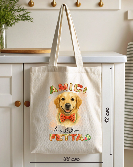 Borsa Shopper in Cotone 100% naturale colore bianco  Made in Italy – Stile Good Vibes con Cane e Anguria