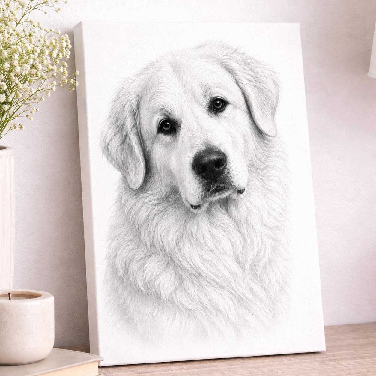 Quadro su tela Pastore Maremmano  stile a Disegno a Matita - Stampa bianco e nero